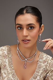 White Finish Zircon & Rose Quartz Stone Layered Necklace Set