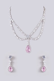 White Finish Zircon & Rose Quartz Stone Layered Necklace Set