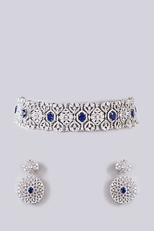 White Finish Zircon & Sapphire Stone Choker Necklace Set