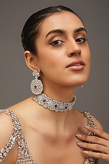 White Finish Zircon & Ruby Stone Choker Necklace Set