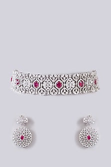 White Finish Zircon & Ruby Stone Choker Necklace Set