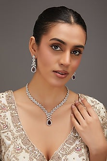 White Finish Zircon & Purple Stone Long Necklace Set