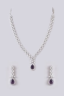 White Finish Zircon & Purple Stone Long Necklace Set