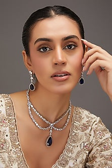 White Finish Zircon & Sapphire Stone Layered Necklace Set