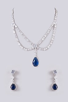 White Finish Zircon & Sapphire Stone Layered Necklace Set