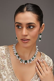 White Finish Zircon & Emerald Stone Necklace Set