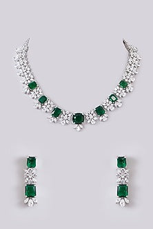 White Finish Zircon & Emerald Stone Necklace Set