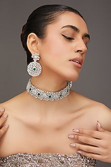 White Finish Zircon & Emerald Stone Choker Necklace Set