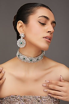 White Finish Zircon & Emerald Stone Choker Necklace Set