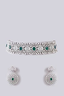 White Finish Zircon & Emerald Stone Choker Necklace Set