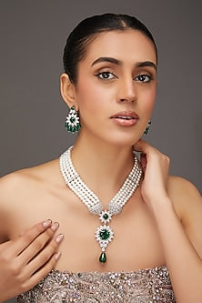White Finish Zircon & Emerald Stone Layered Necklace Set