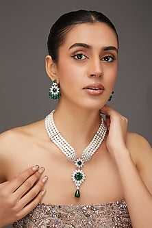 White Finish Zircon & Emerald Stone Layered Necklace Set
