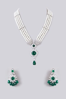 White Finish Zircon & Emerald Stone Layered Necklace Set