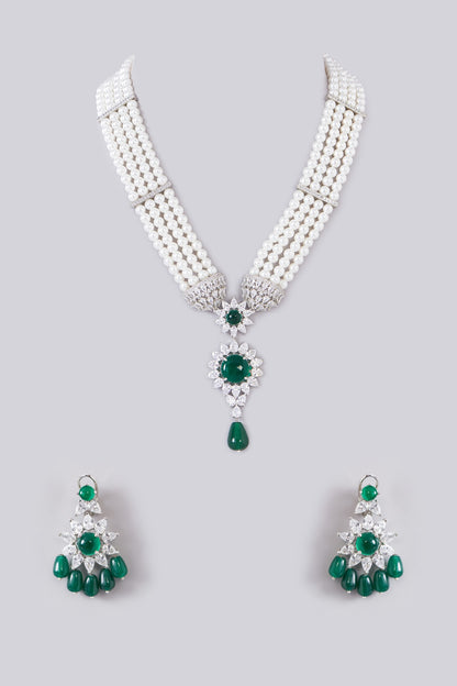 White Finish Zircon & Emerald Stone Layered Necklace Set