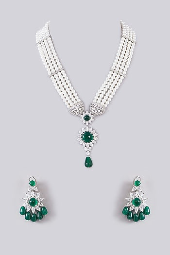 White Finish Zircon & Emerald Stone Layered Necklace Set