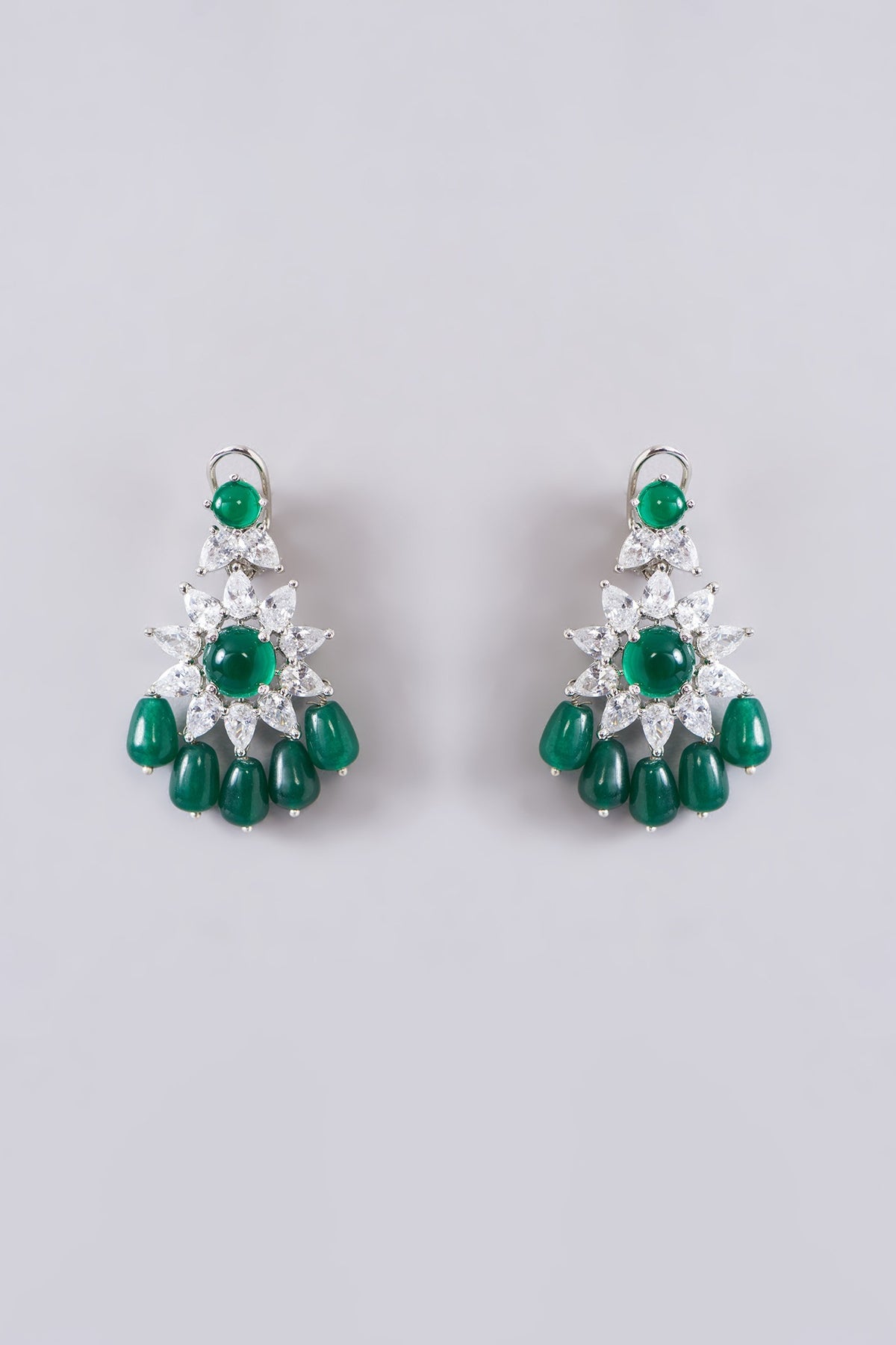 White Finish Zircon & Emerald Stone Layered Necklace Set