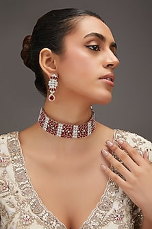 White Finish Zircon & Ruby Stone Choker Necklace Set