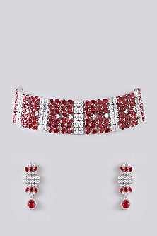 White Finish Zircon & Ruby Stone Choker Necklace Set