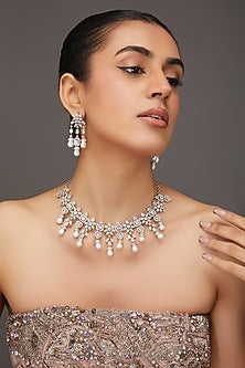 White Finish Zircon & Pearl Drop Necklace Set