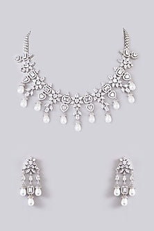 White Finish Zircon & Pearl Drop Necklace Set