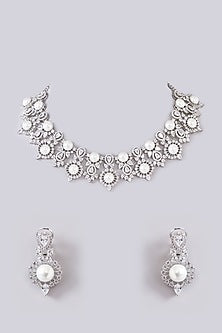 White Finish Zircon & Pearl Necklace Set