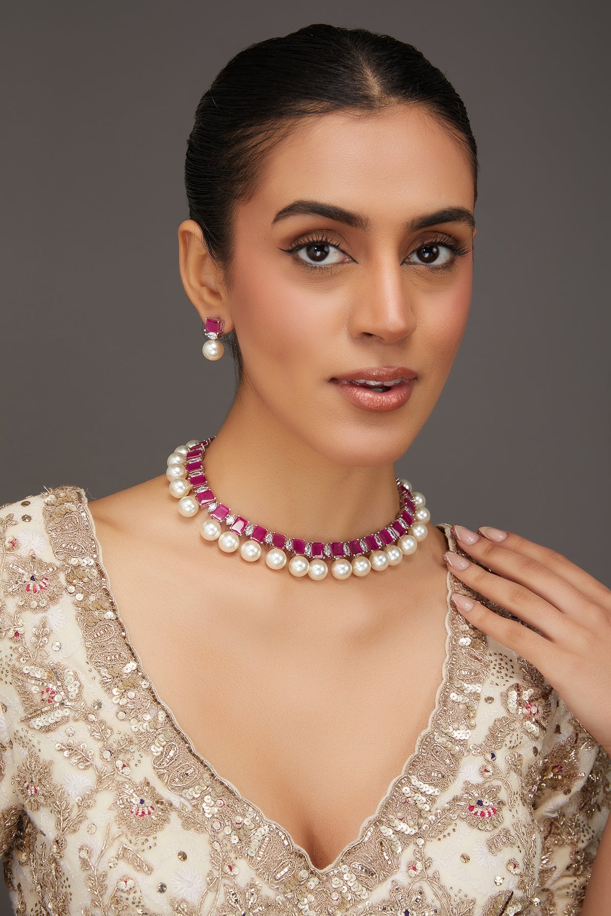 White Finish Zircon & Ruby Necklace Set