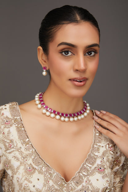 White Finish Zircon & Ruby Necklace Set