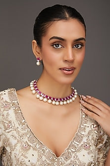 White Finish Zircon & Ruby Necklace Set