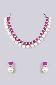 White Finish Zircon & Ruby Necklace Set