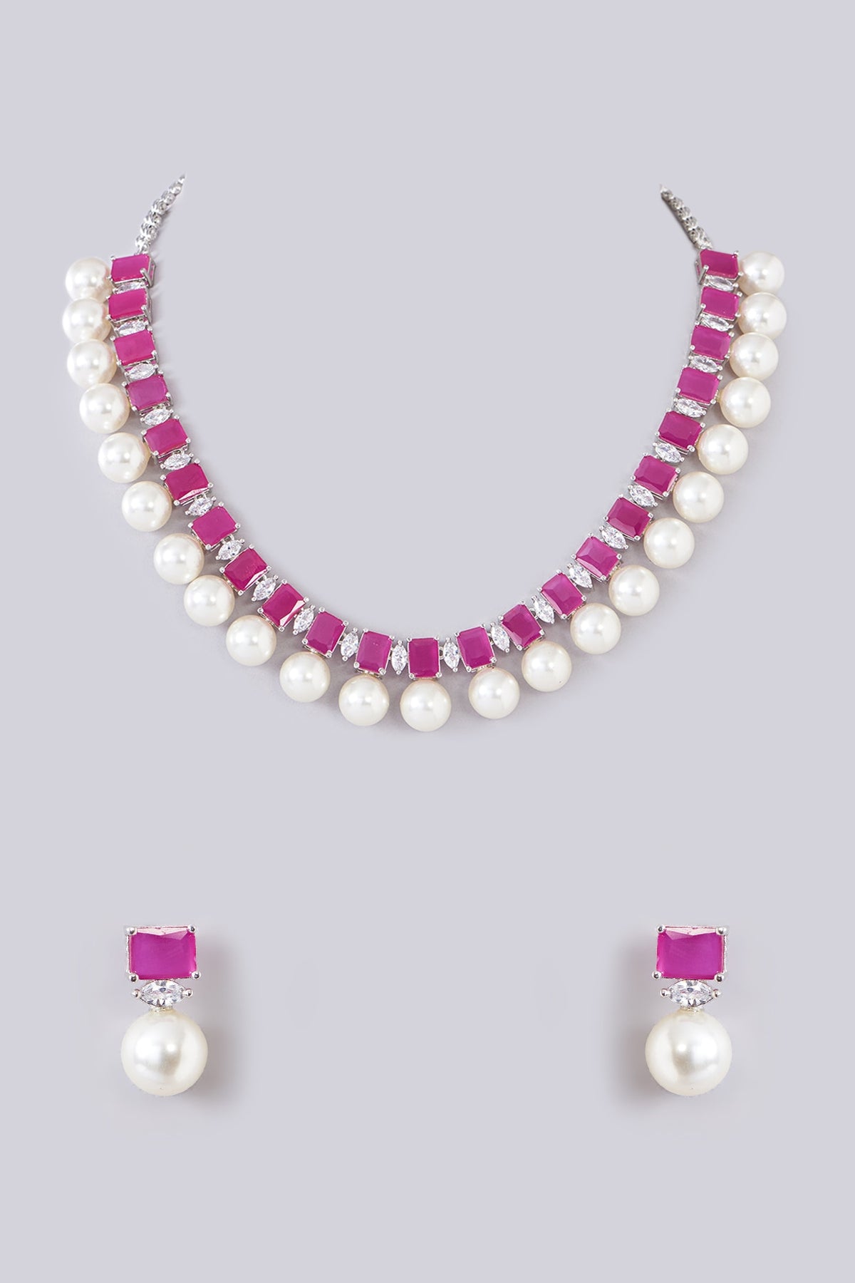 White Finish Zircon & Ruby Necklace Set