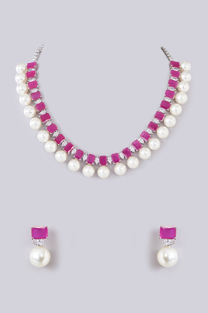 White Finish Zircon & Ruby Necklace Set