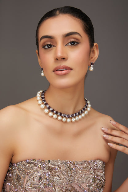 White Finish Zircon & Amethyst Stone Necklace Set