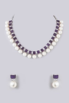 White Finish Zircon & Amethyst Stone Necklace Set
