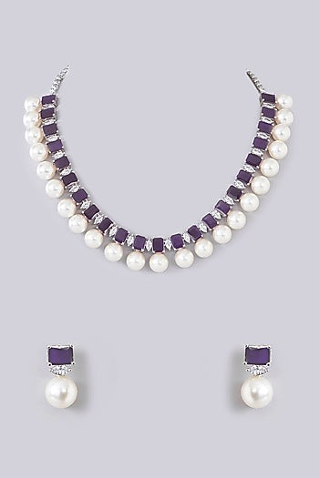 White Finish Zircon & Amethyst Stone Necklace Set