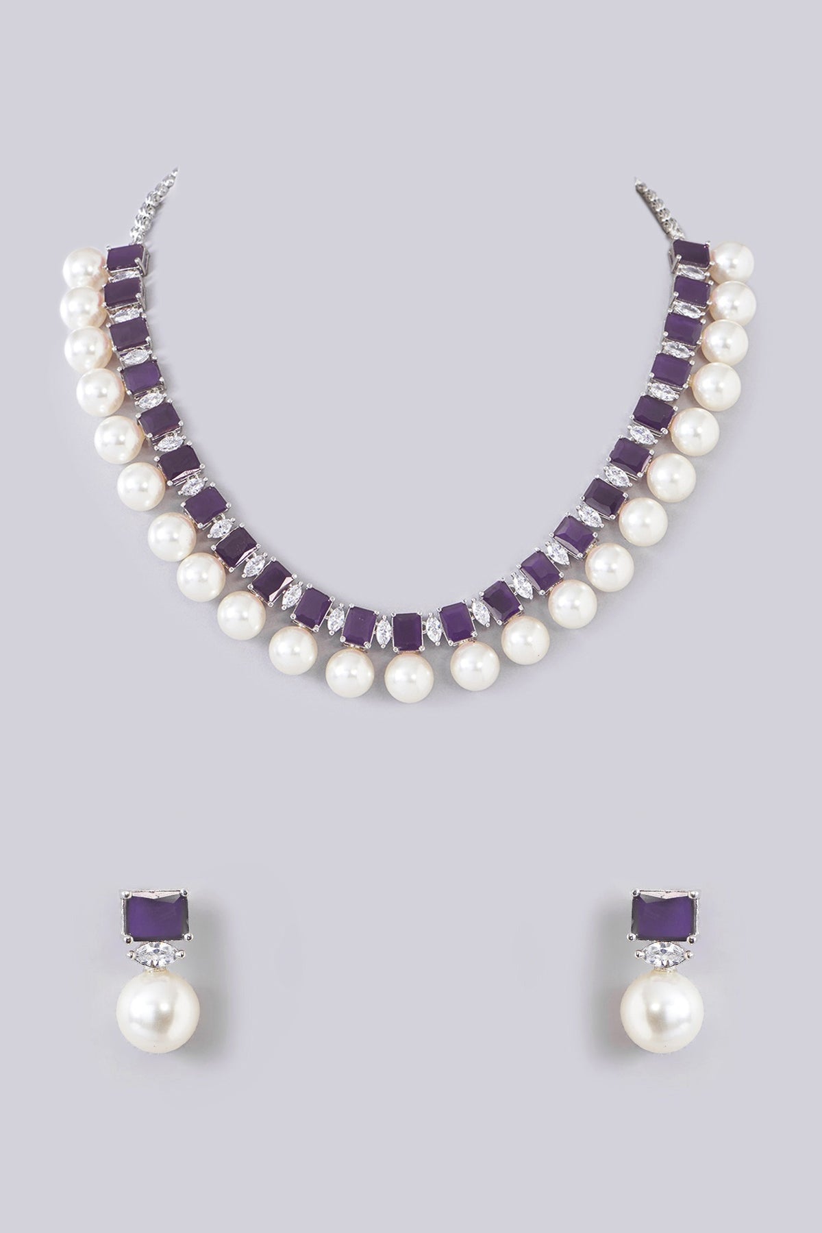 White Finish Zircon & Amethyst Stone Necklace Set