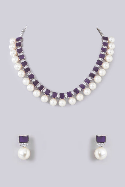 White Finish Zircon & Amethyst Stone Necklace Set