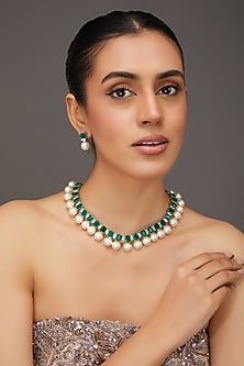 White Finish Zircon & Emerald Stone Necklace Set