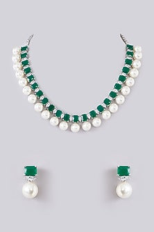 White Finish Zircon & Emerald Stone Necklace Set