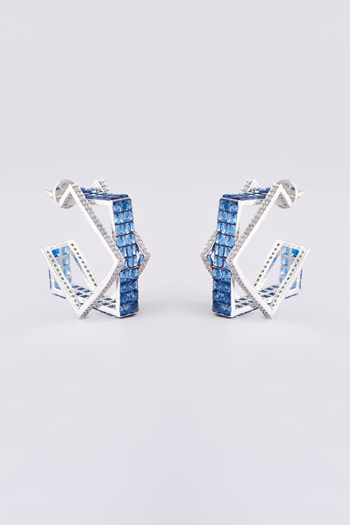 White Finish Blue Zircon Hoop Earrings