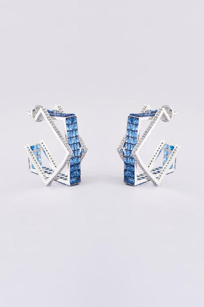 White Finish Blue Zircon Hoop Earrings