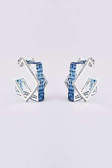 White Finish Blue Zircon Hoop Earrings