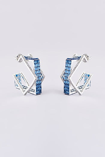 White Finish Blue Zircon Hoop Earrings