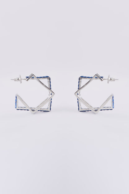 White Finish Blue Zircon Hoop Earrings