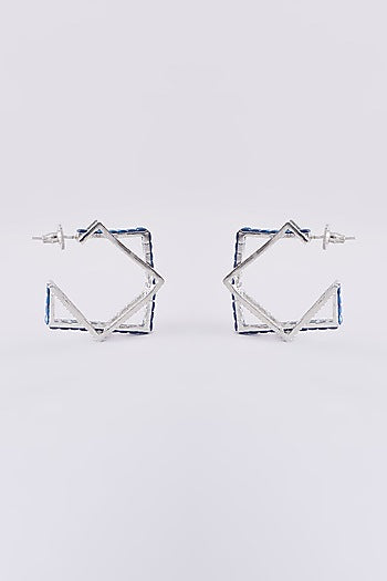 White Finish Blue Zircon Hoop Earrings