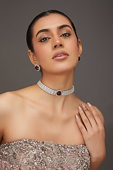 White Finish Zircon & Amethyst Stone Choker Necklace Set
