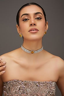 White Finish Zircon & Golden Topaz Stone Choker Necklace Set