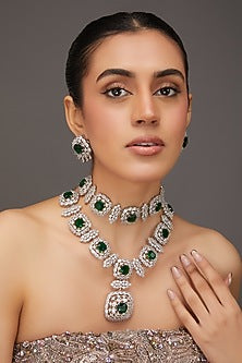 White Finish Zircon & Emerald Stone Long Necklace Set
