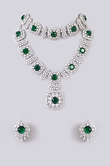 White Finish Zircon & Emerald Stone Long Necklace Set