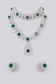 White Finish Zircon & Emerald Stone Long Necklace Set