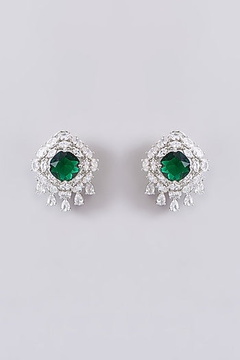White Finish Zircon & Emerald Stone Long Necklace Set
